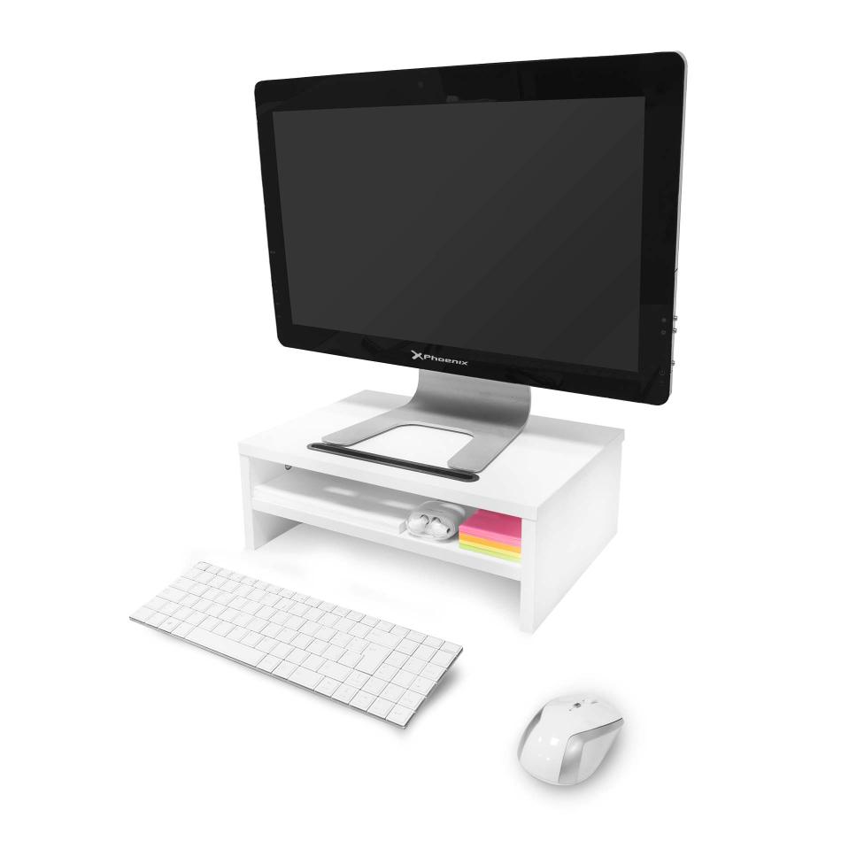  ZYFAB Soportes de madera para monitor que ahorran espacio,  organizador de escritorio con cajón de 2 niveles, soporte de escritorio  para computadora de pantalla plana, color blanco, sin puerta de gabinete 