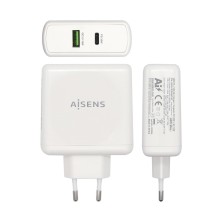 AISENS Cargador 48 W, 1x USB-C PD3.0 30 W, 1x USB-A QC3.0 18 W, Blanco