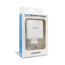 AISENS Cargador 48 W, 1x USB-C PD3.0 30 W, 1x USB-A QC3.0 18 W, Blanco