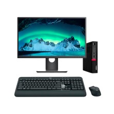 Ordenador reacondicionado Lenovo M720Q Mini PC con LCD de 24", teclado y ratón.