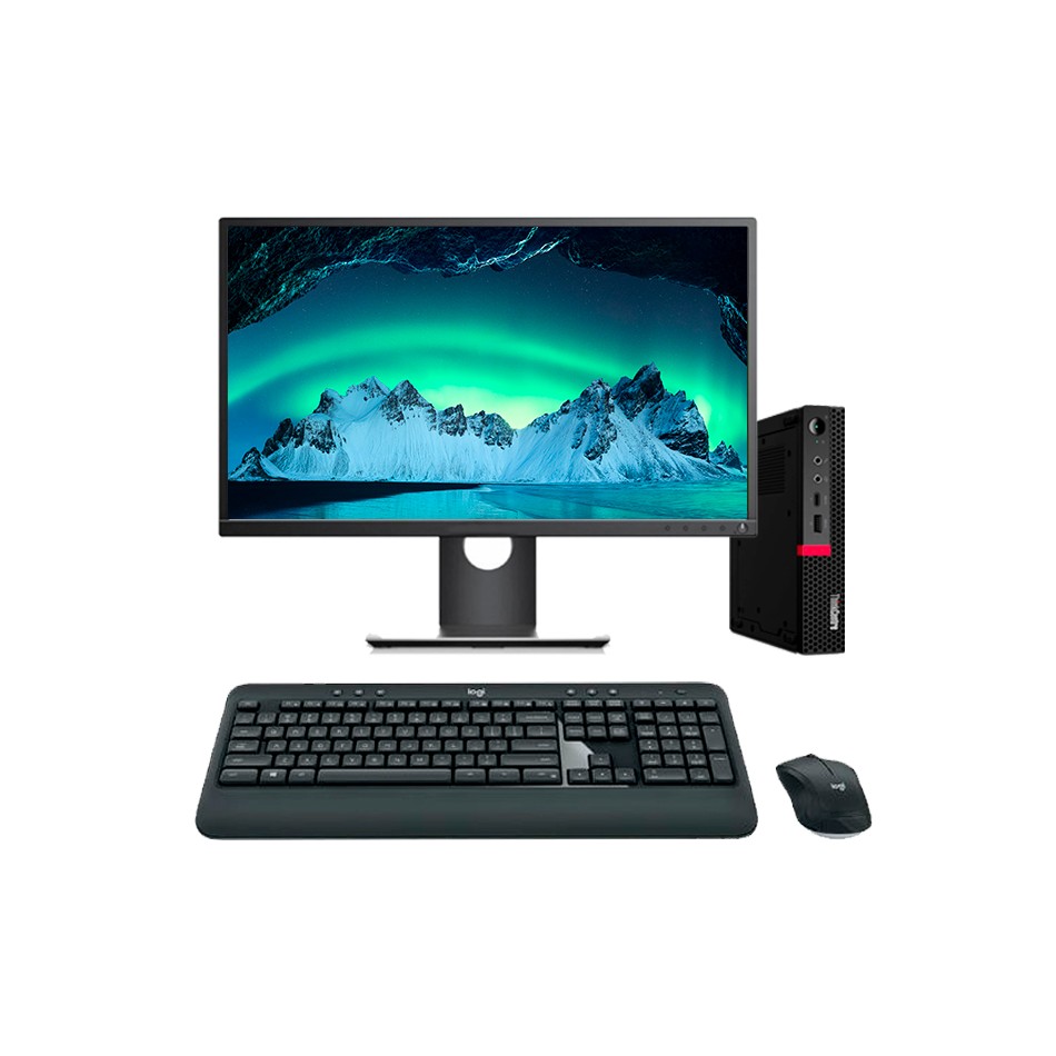 Ordenador reacondicionado Lenovo M720Q Mini PC con LCD de 24", teclado y ratón.